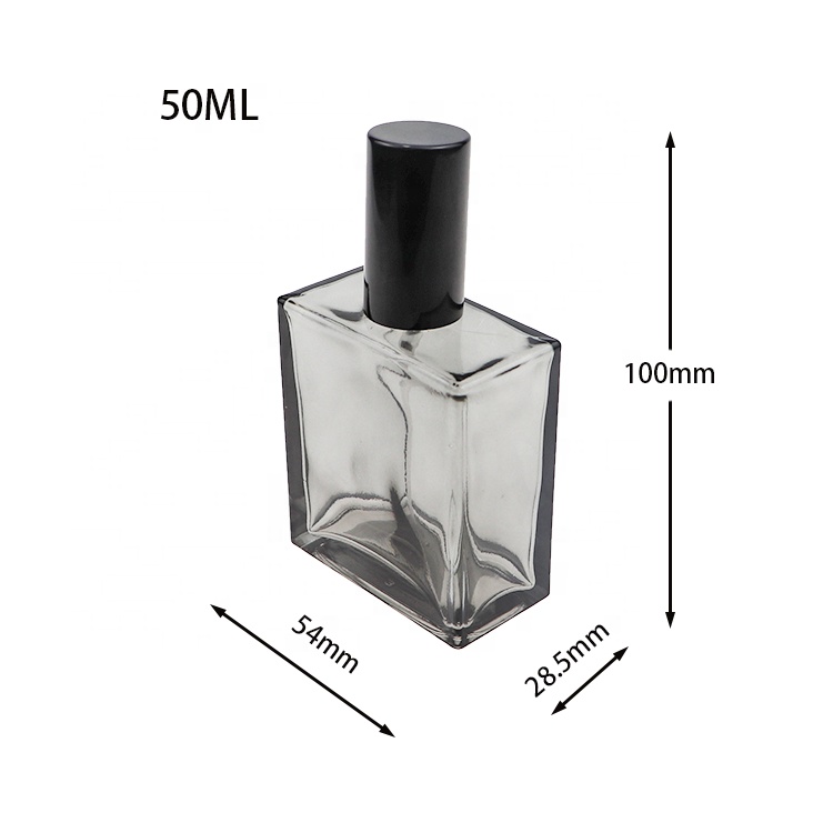 Square Flat Glass Transparent Black Spray Perfume Bottle 50ml