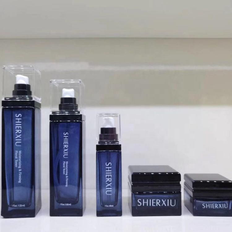 Square Glass Cosmetic Bottles Set Cream jars and Lotion Bottles with Pump or Cap