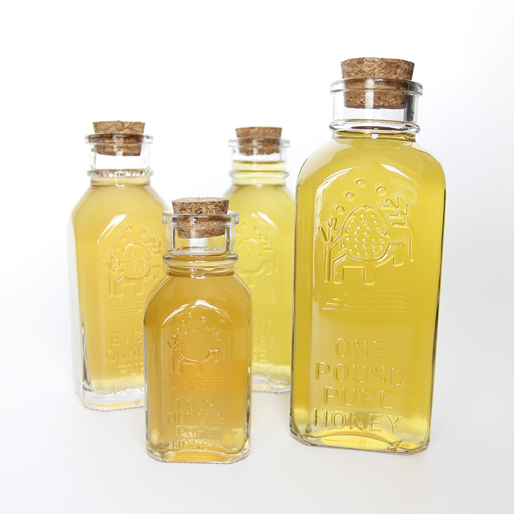 Square Glass Honey Jar with Cork and Wooden Honey Dipper