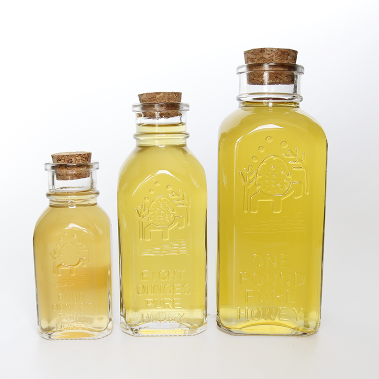 Square Glass Honey Jar with Cork and Wooden Honey Dipper