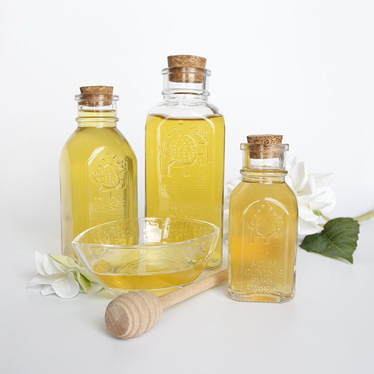 Square Glass Honey Jar with Cork and Wooden Honey Dipper