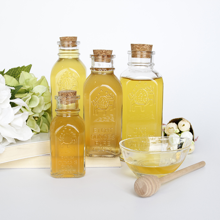 Square Glass Honey Jar with Cork and Wooden Honey Dipper