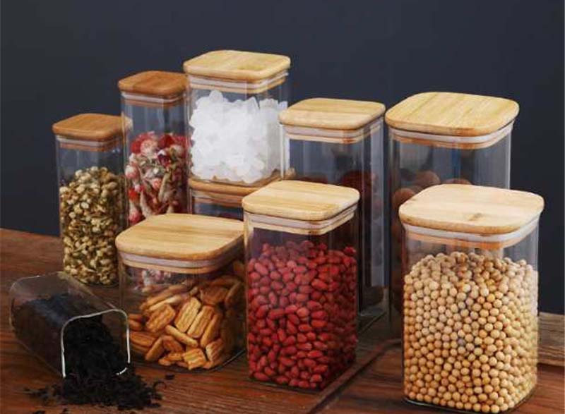 Square Glass Jar With Airtight Bamboo Wood Lids Borosilicate Transparent Glass Food Canisters Serving For Tea Nuts Spice Candy