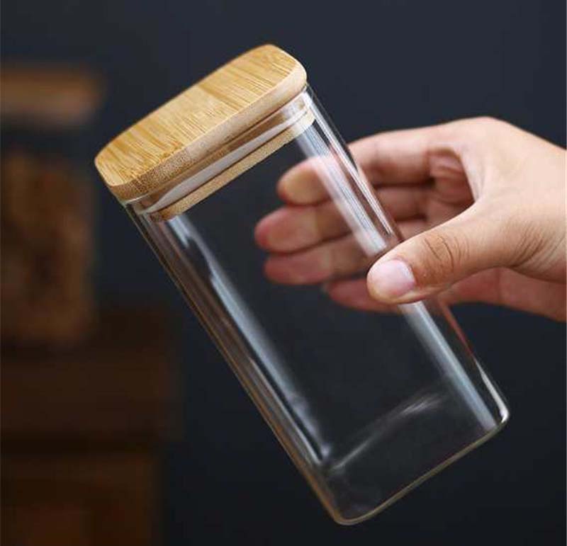 Square Glass Jar With Airtight Bamboo Wood Lids Borosilicate Transparent Glass Food Canisters Serving For Tea Nuts Spice Candy