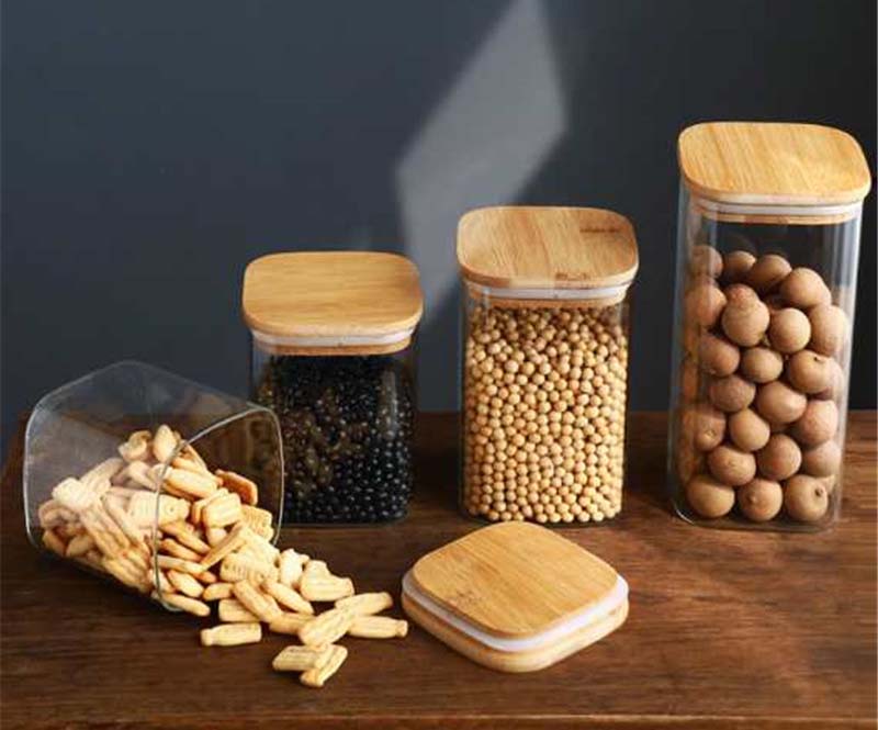 Square Glass Jar With Airtight Bamboo Wood Lids Borosilicate Transparent Glass Food Canisters Serving For Tea Nuts Spice Candy