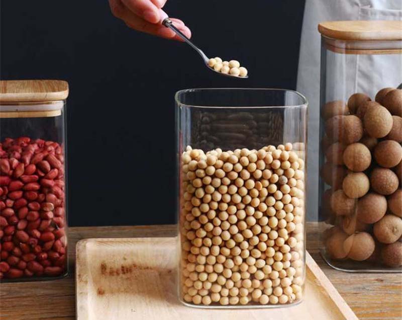 Square Glass Jar With Airtight Bamboo Wood Lids Borosilicate Transparent Glass Food Canisters Serving For Tea Nuts Spice Candy