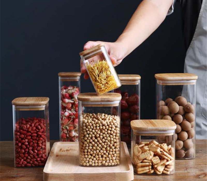 Square Glass Jar With Airtight Bamboo Wood Lids Borosilicate Transparent Glass Food Canisters Serving For Tea Nuts Spice Candy