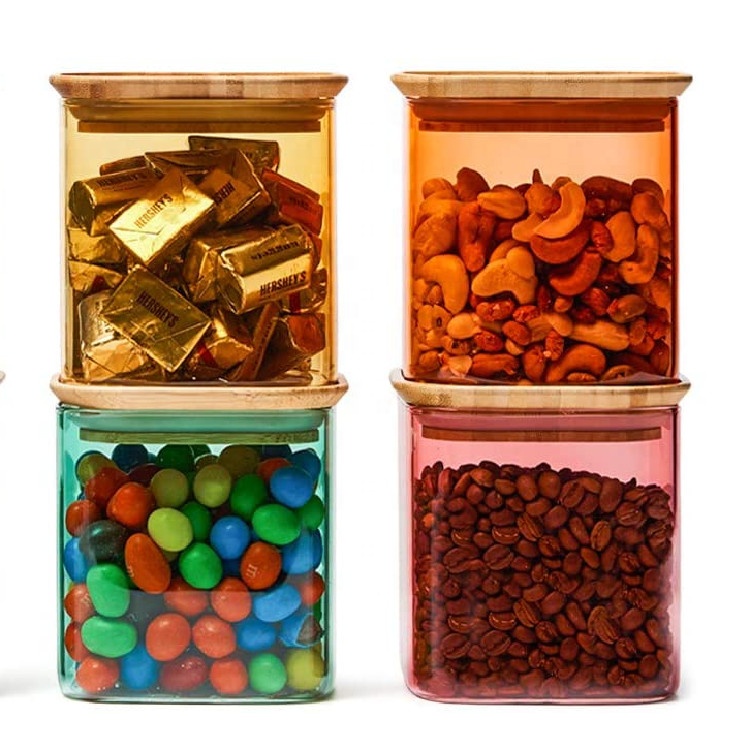 Square High Borosilicate Glass Candy Food Chocolate Canister with Bamboo Lid