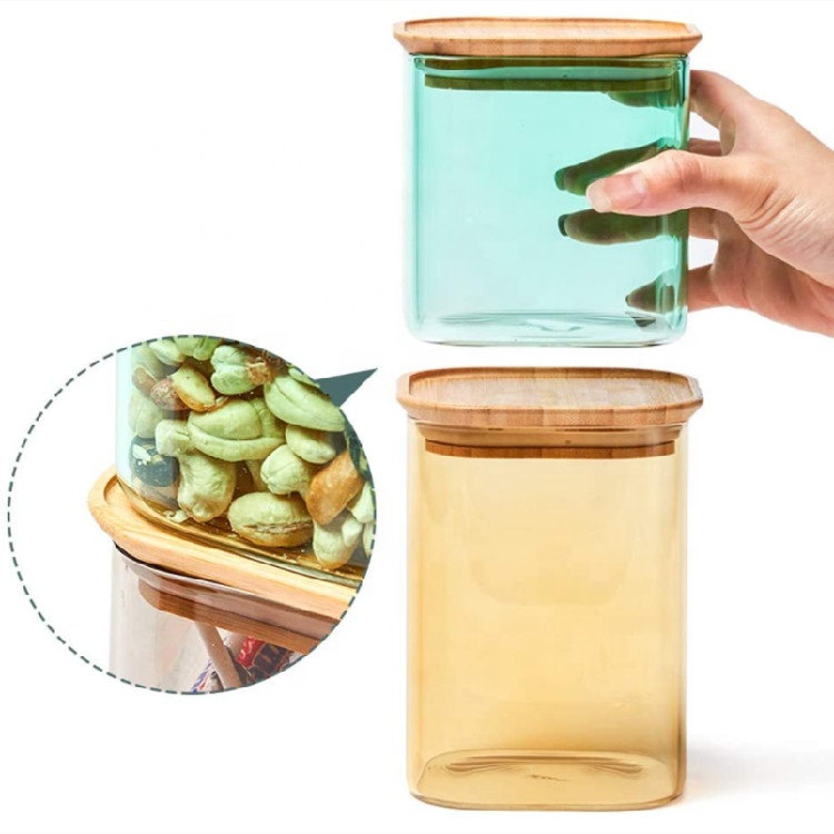 Square High Borosilicate Glass Candy Food Chocolate Canister with Bamboo Lid