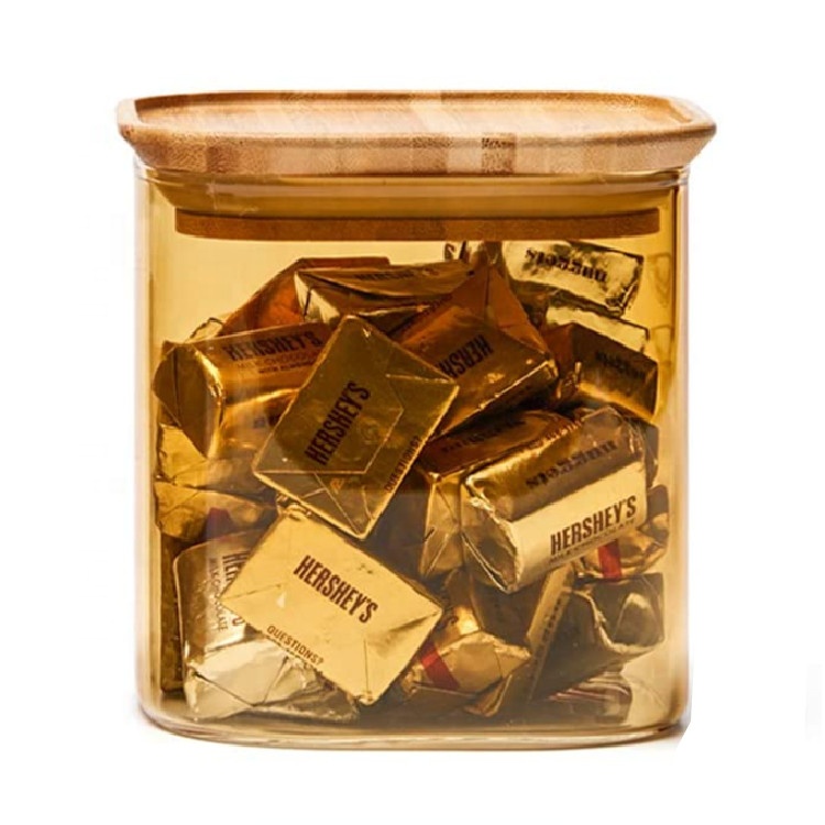 Square High Borosilicate Glass Candy Food Chocolate Canister with Bamboo Lid