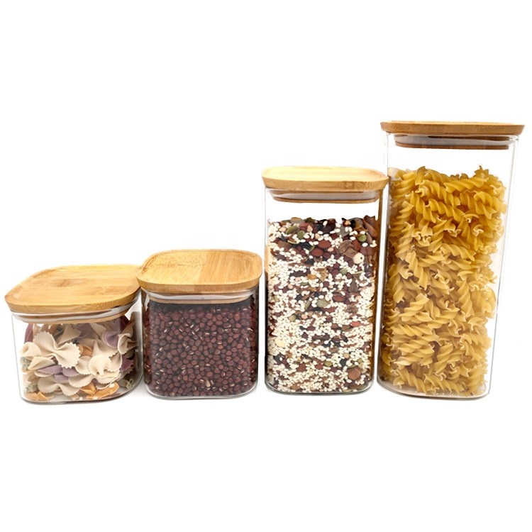 Square High Borosilicate Glass Candy Food Chocolate Canister with Bamboo Lid