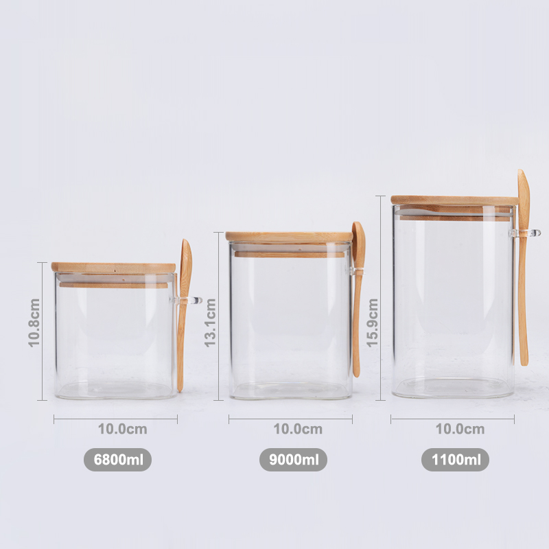 Square High Borosilicate Glass Food Jars and Canisters Sets with Spoon for Kitchen Pantry Coffee Bean Candy Sugar Cookies