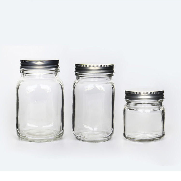 Square Round Glass Mason Jar 4oz 8oz 12oz 16oz 32oz With Black /Golden /Silver Screw Lid For Pickle /Candy Storage