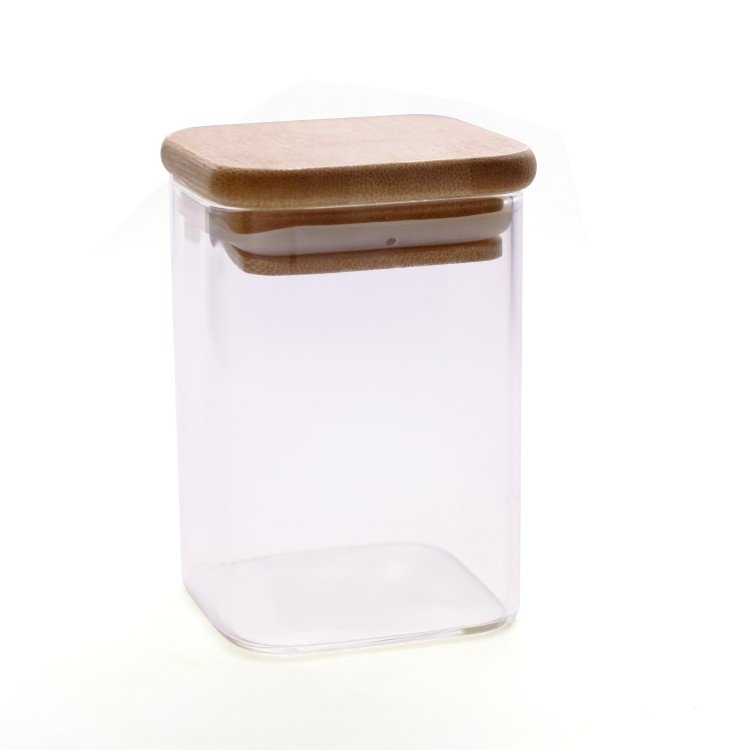 Square Shape Smell Proof Storage Glass Jar Borosilicate Glass Container Bamboo Lid Wooden Cap Wooden Lid Tubos de Vidrio