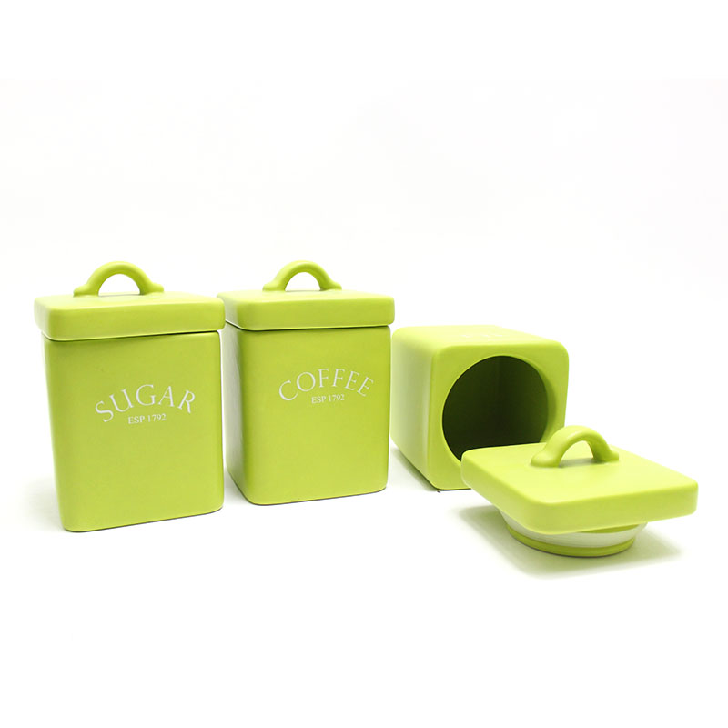 Square and green ceramic airtight tea coffee sugar storage jars