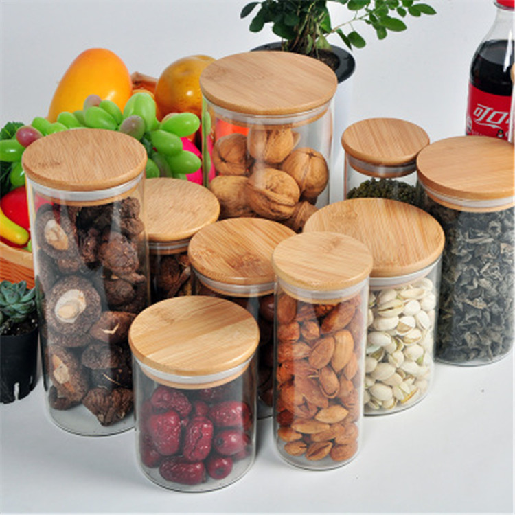 Square and round shape customized logo borosilicate bamboo lid glass jar