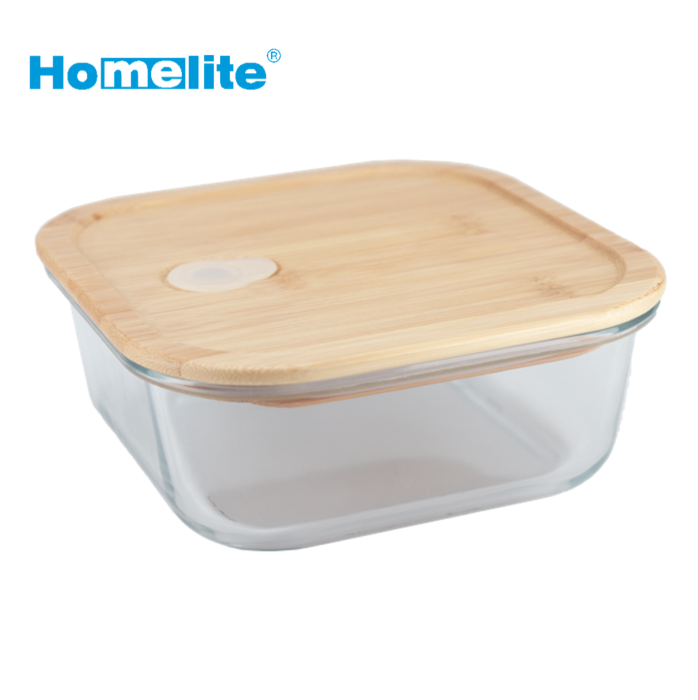 Square bamboo glass canister vented bamboo bento box 800ml