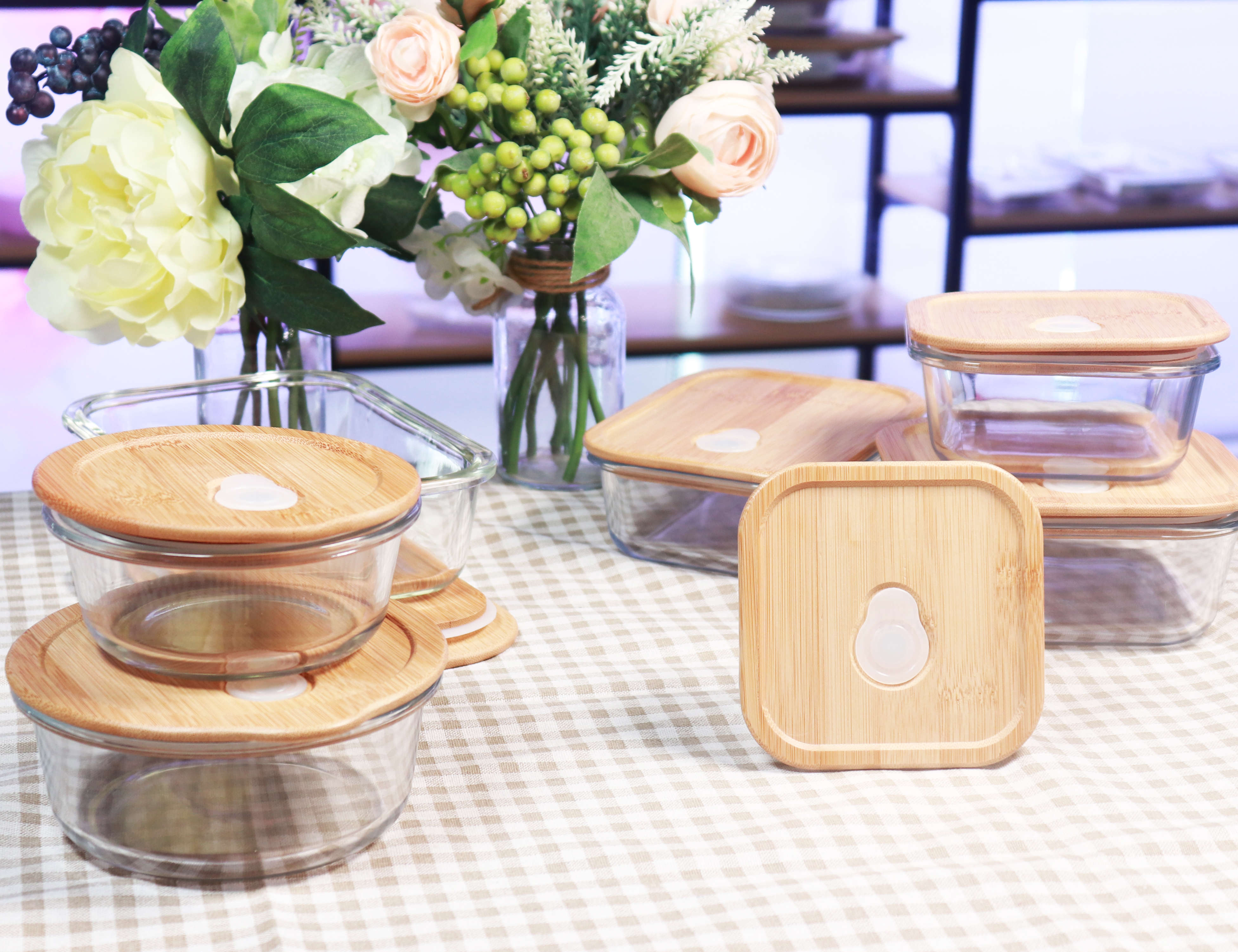 Square bamboo glass canister vented bamboo bento box 800ml