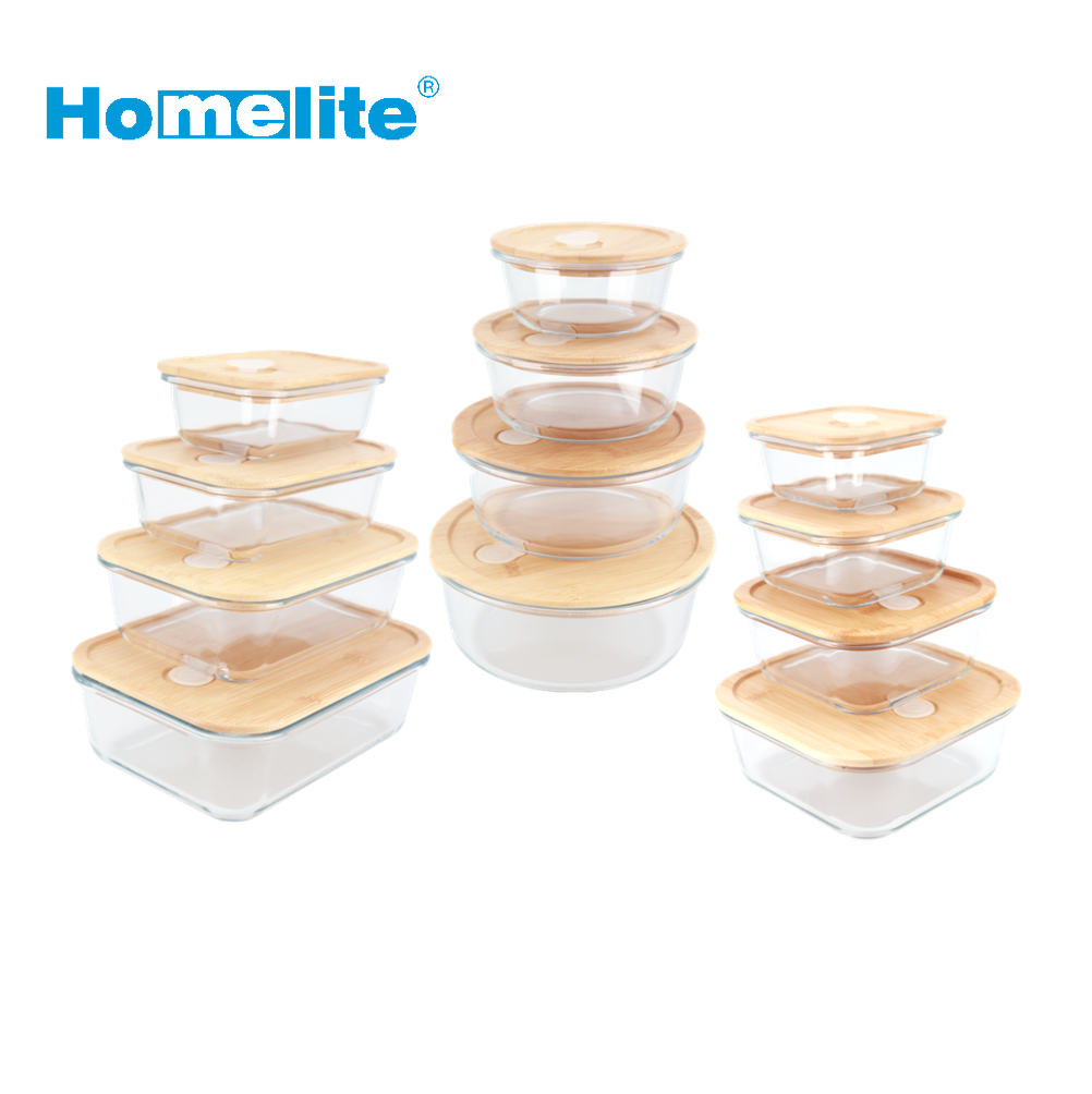 Square bamboo glass canister vented bamboo bento box 800ml