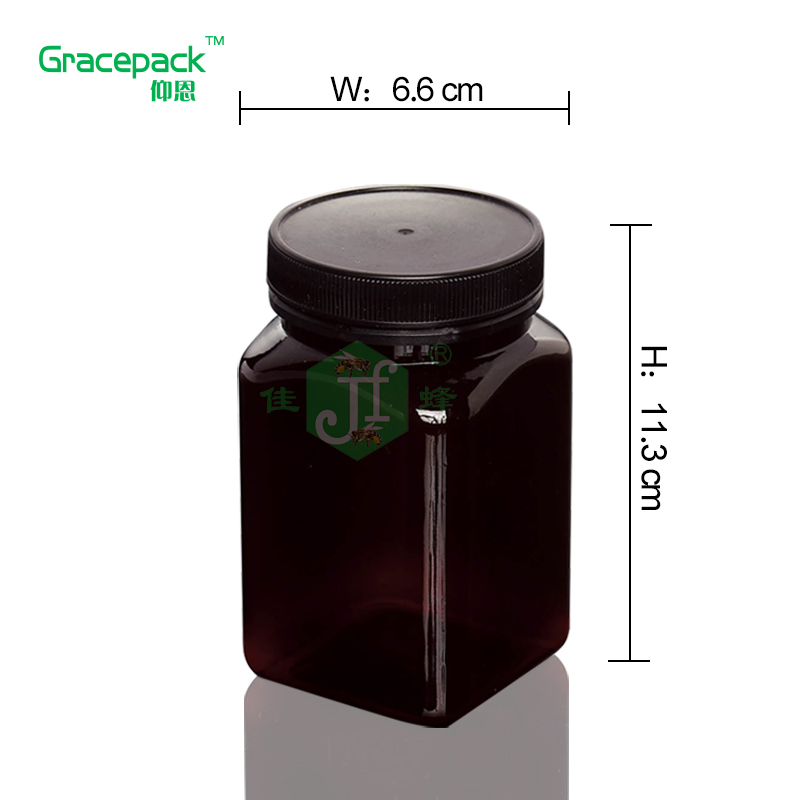 Square black amber honey jar 360ml/500g honey container PET honey plastic jar