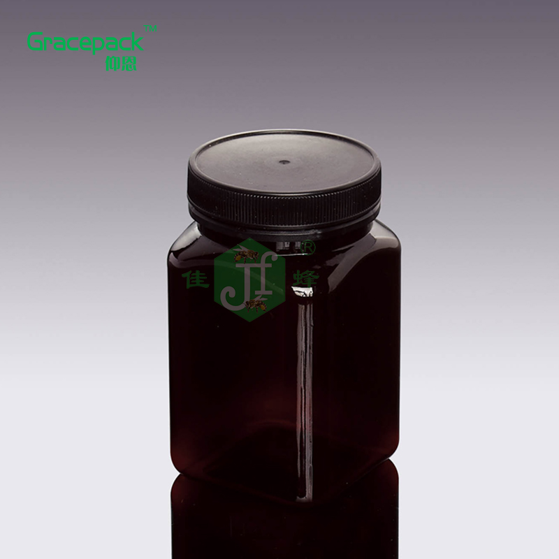 Square black amber honey jar 360ml/500g honey container PET honey plastic jar