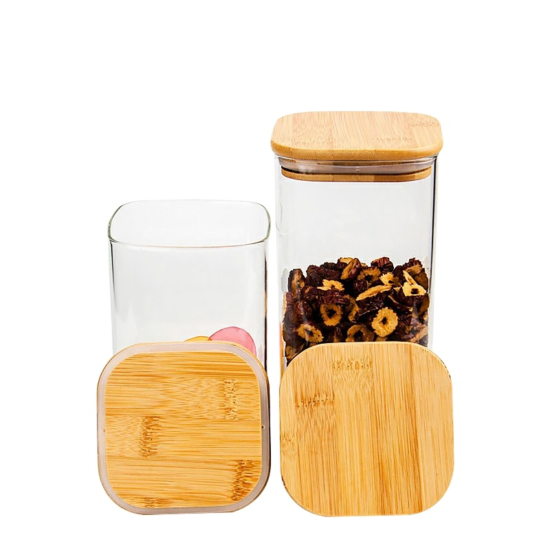 Square borosilicate glass storage jar with bamboo lid wholesale BJ-CC31