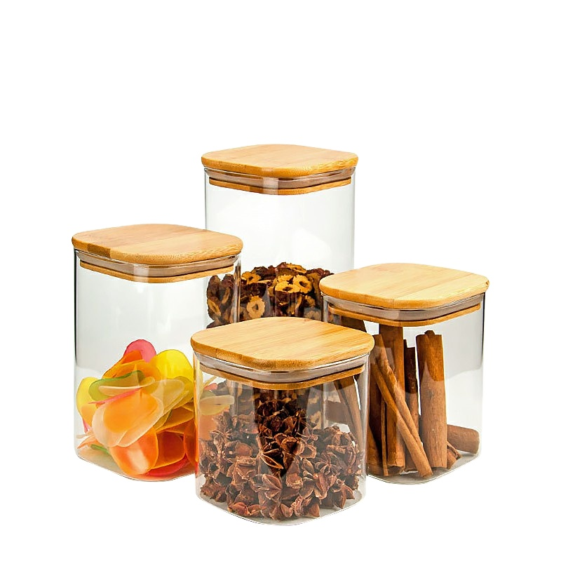 Square borosilicate glass storage jar with bamboo lid wholesale BJ-CC31