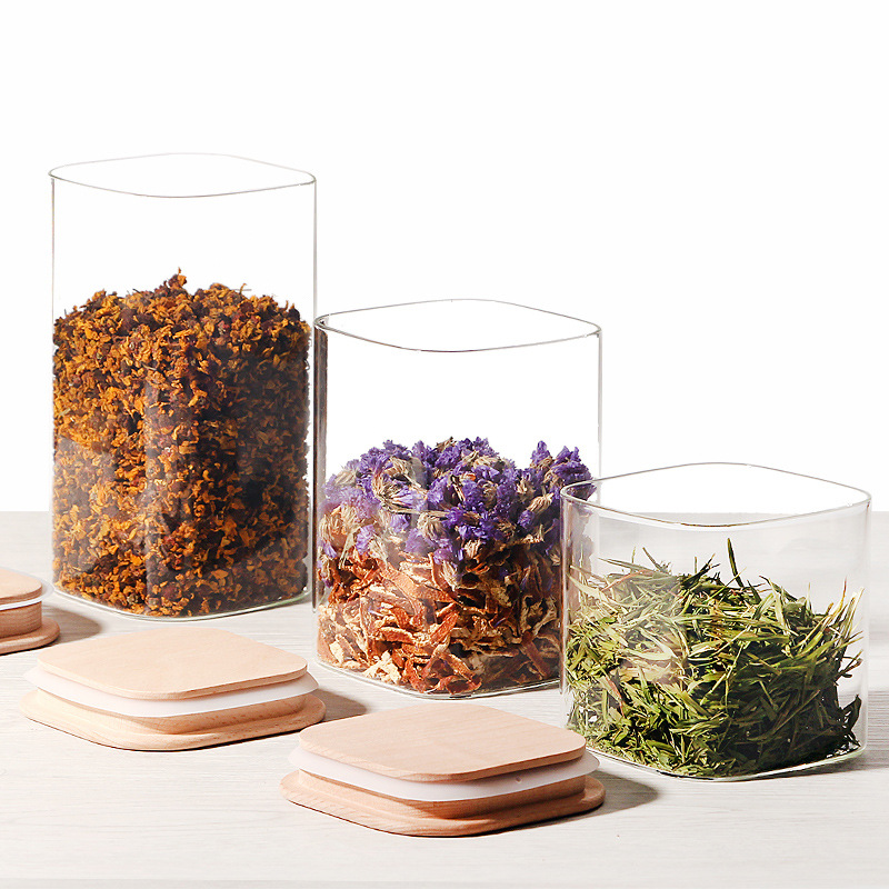 Square borosilicate glass storage jar with bamboo lid wholesale BJ-CC31