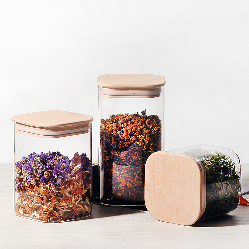 Square borosilicate glass storage jar with bamboo lid wholesale BJ-CC31