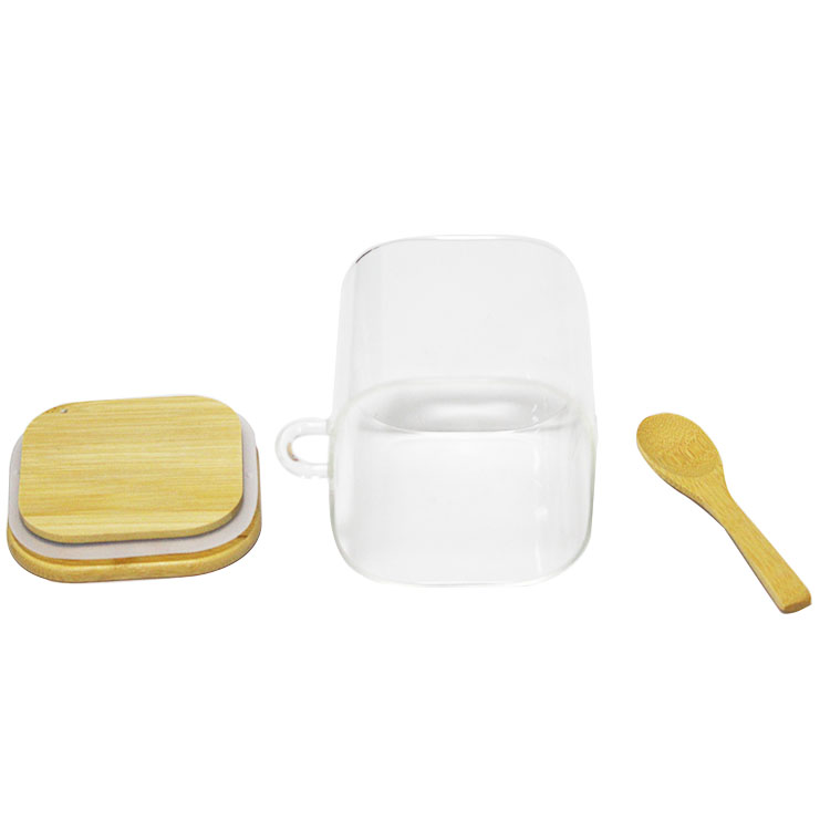 Square borosilicate glass storage jar with bamboo wooden lid and spoon