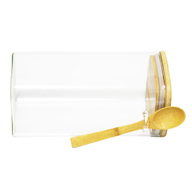 Square borosilicate glass storage jar with bamboo wooden lid and spoon