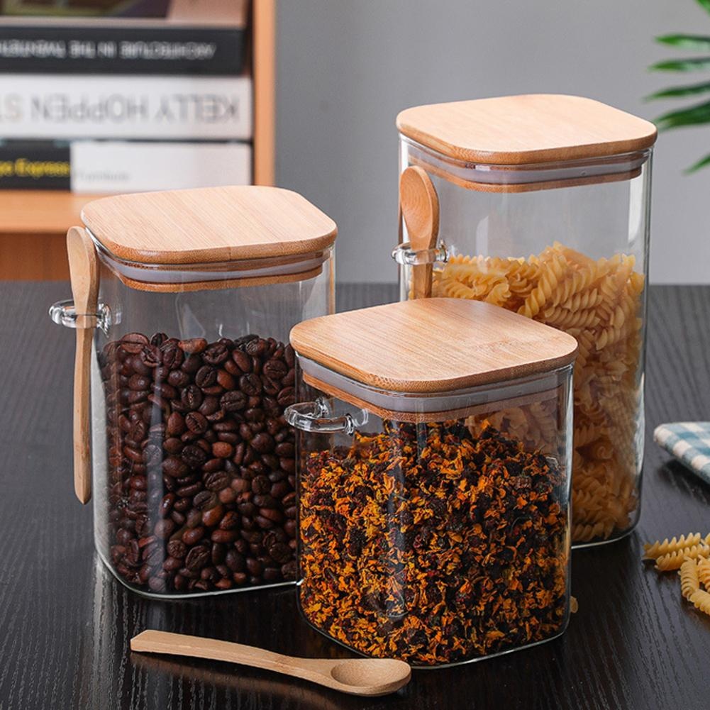 Square borosilicate glass storage jar with bamboo wooden lid