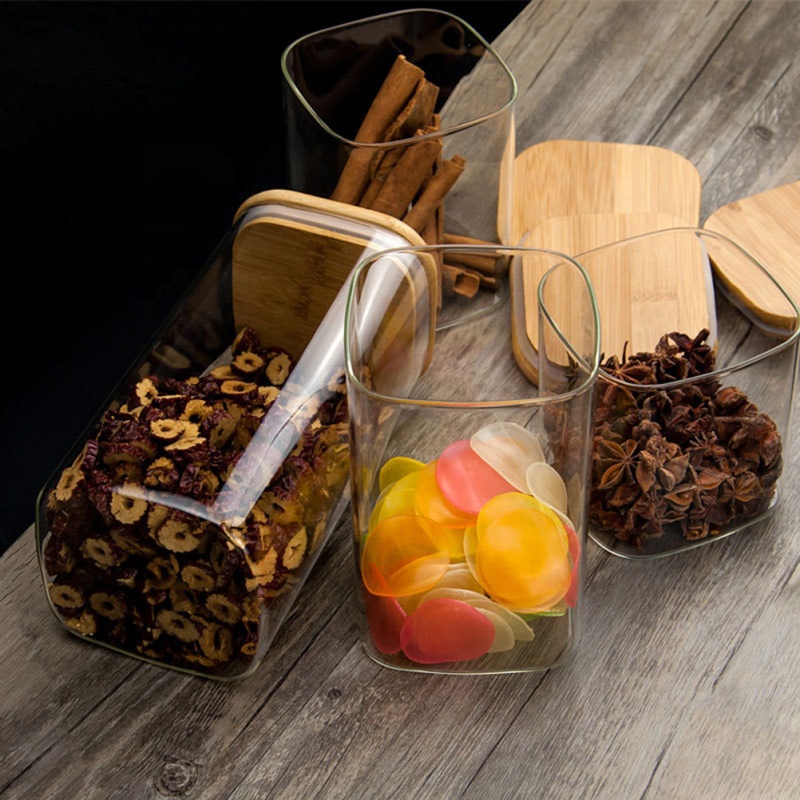 Square borosilicate glass storage jar with bamboo wooden lid
