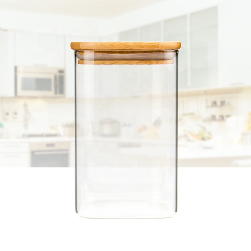 Square borosilicate glass storage jar with bamboo wooden lid