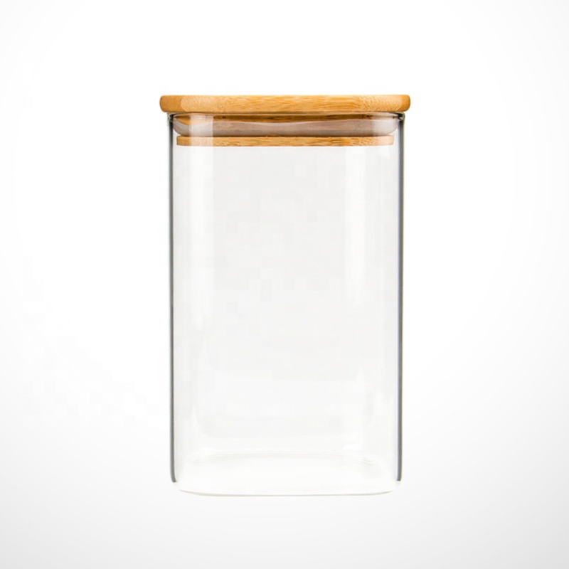Square borosilicate glass storage jar with bamboo wooden lid