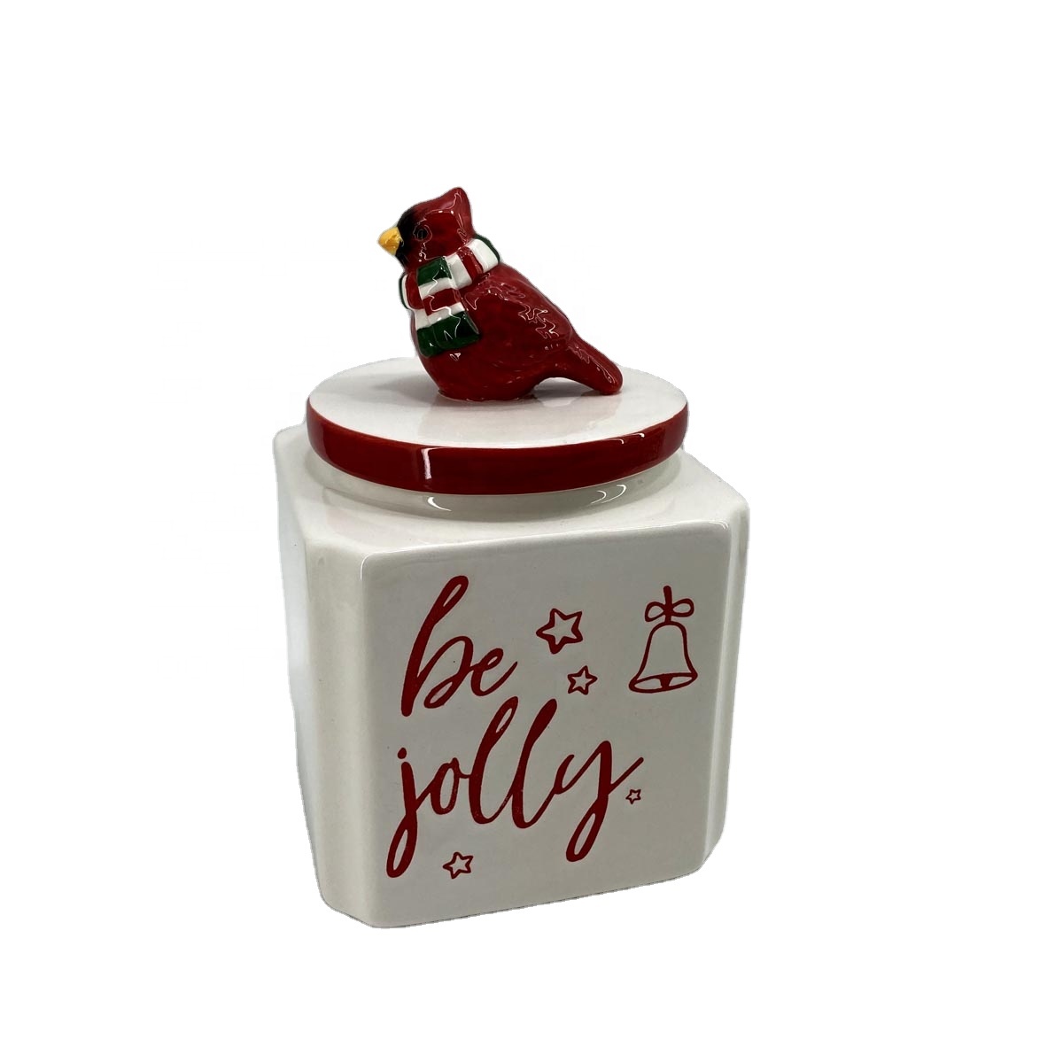 Square ceramic candy jar with red bird lid
