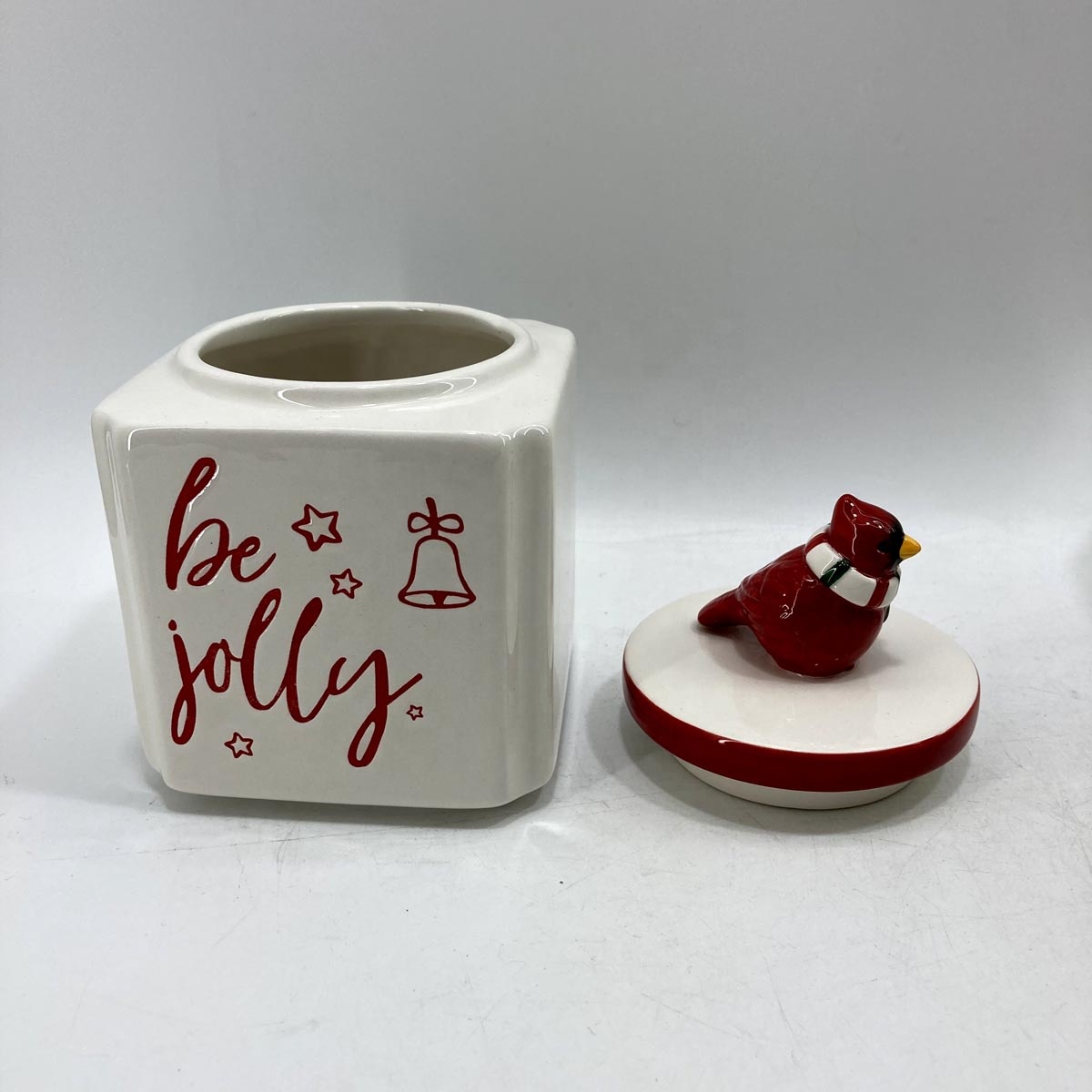 Square ceramic candy jar with red bird lid