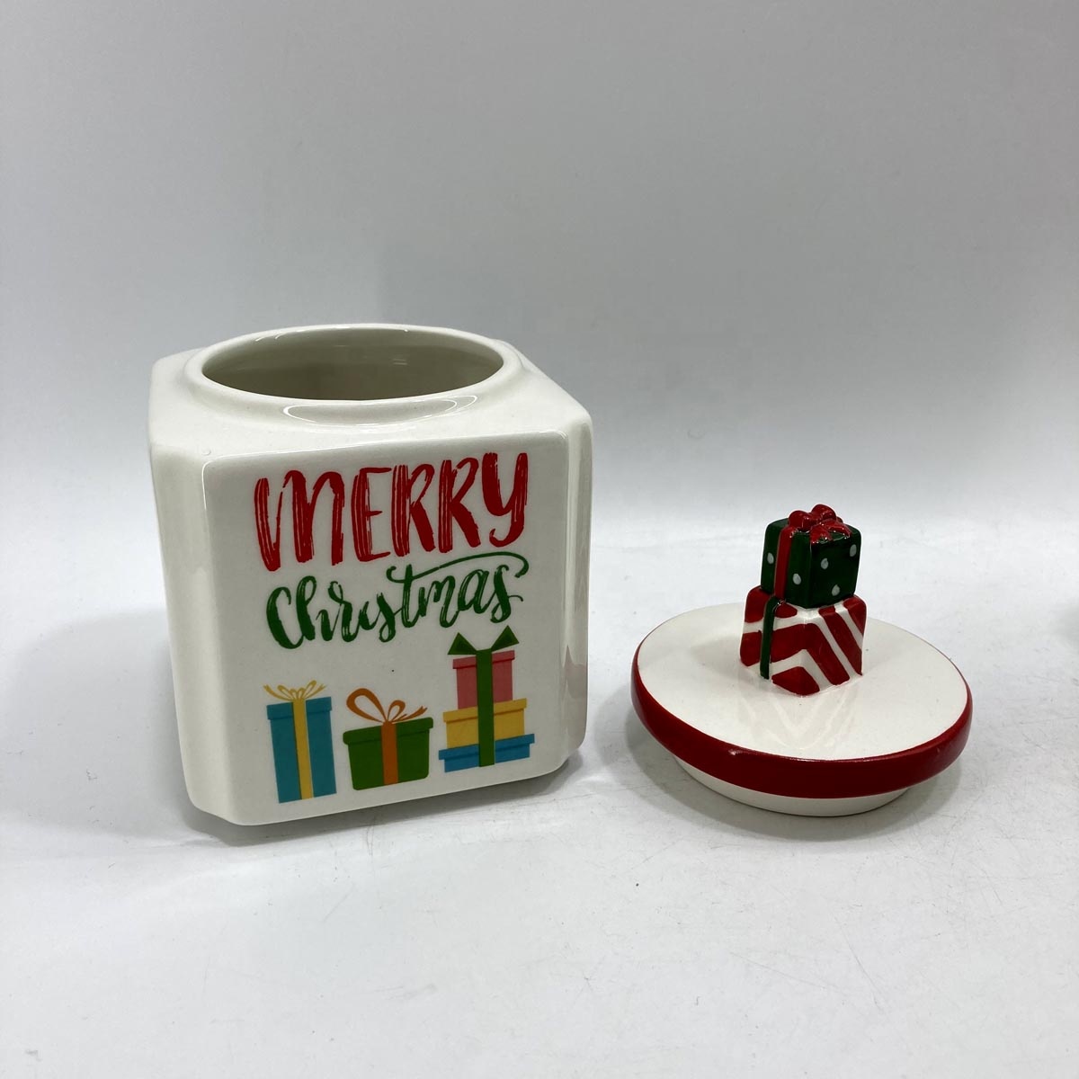 Square ceramic storage jar for holiday decoration