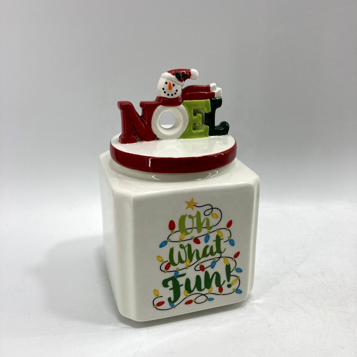 Square ceramic storage jar for holiday decoration