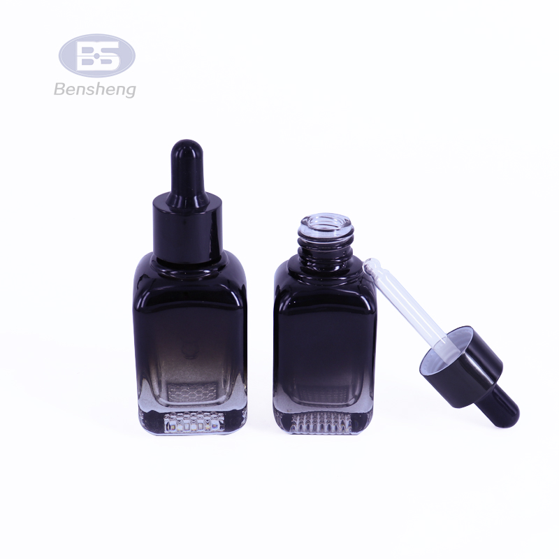 Square frosted matte black essential oil serum 30ml glass dropper bottles
