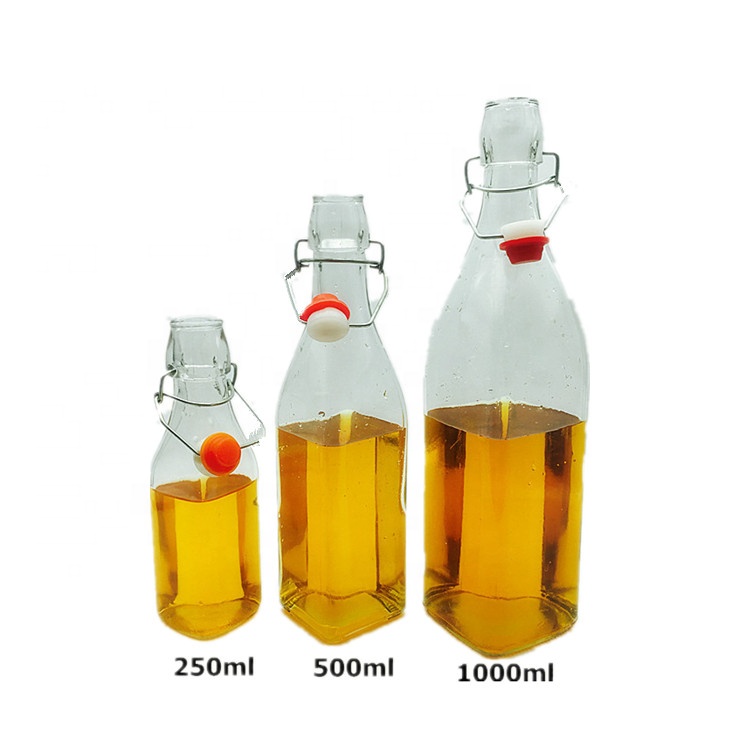 Square glass fruit juice bottle with swing top 250ml 500ml 1l
