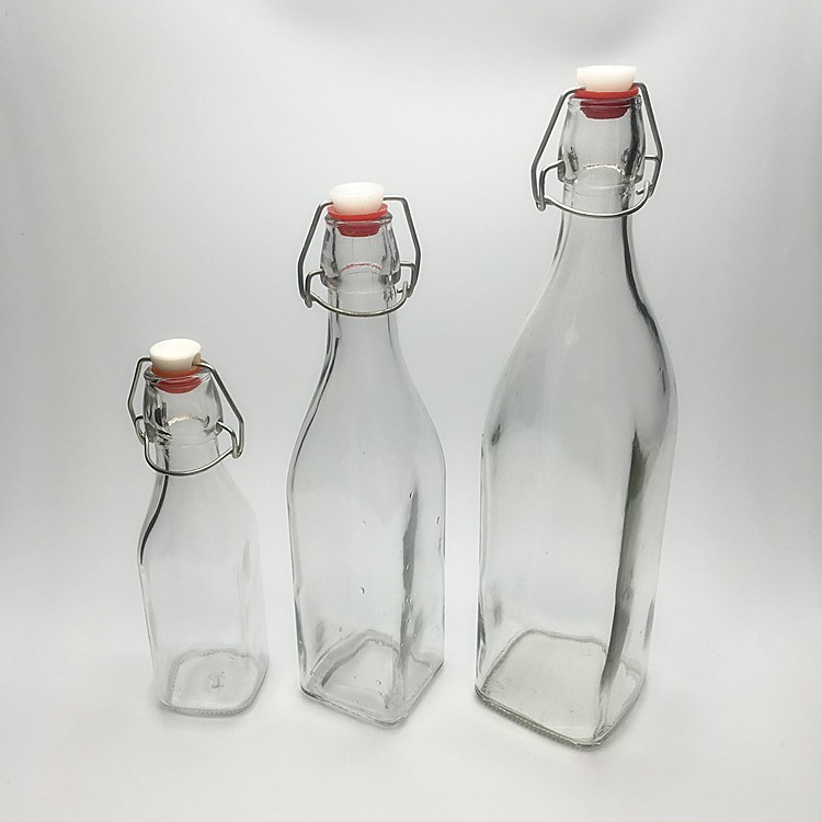 Square glass fruit juice bottle with swing top 250ml 500ml 1l