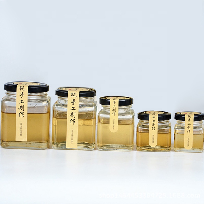 Square glass jam jar glass honey jar glass storage jar with black metal lid