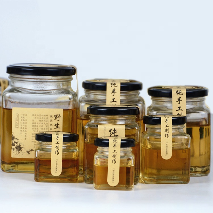 Square glass jam jar glass honey jar glass storage jar with black metal lid