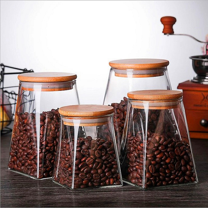 Square glass jar bamboo lid glass jar glass container with wood lid