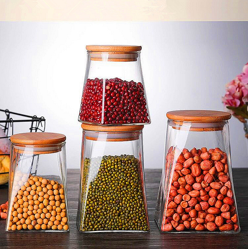 Square glass jar bamboo lid glass jar glass container with wood lid