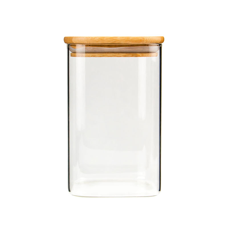 Square glass jar with bamboo wood lid glass container for Kitchen storage food