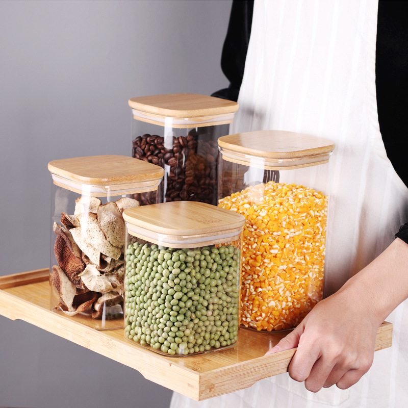 Square glass jar with bamboo wood lid glass container for Kitchen storage food