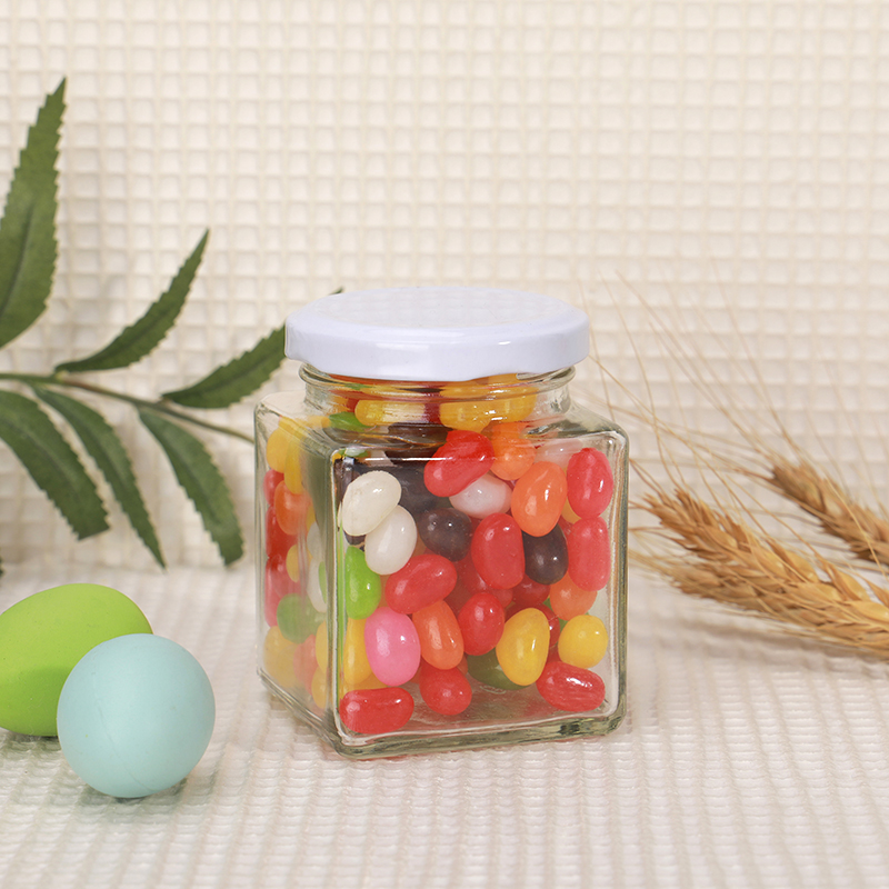 Square glass jar with discontinuous screw white aluminum lids for candy / dry food / pickles