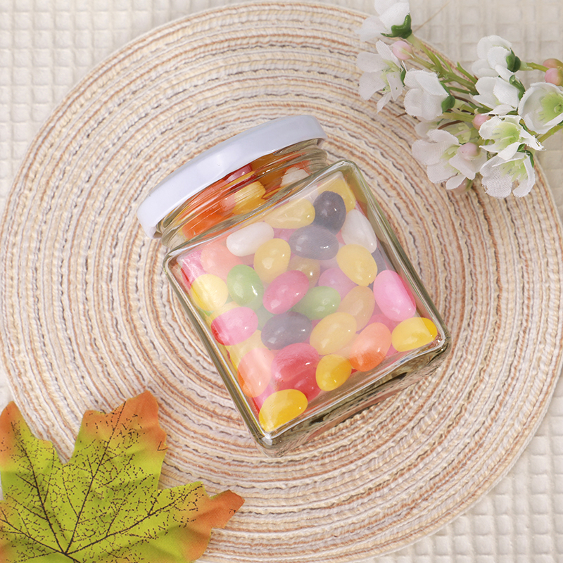 Square glass jar with discontinuous screw white aluminum lids for candy / dry food / pickles